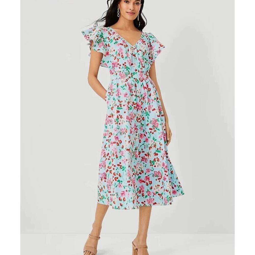 Ann Taylor Strawberry Floral Midi Dress Pockets Blue Summer‎ Cottagecore 14T